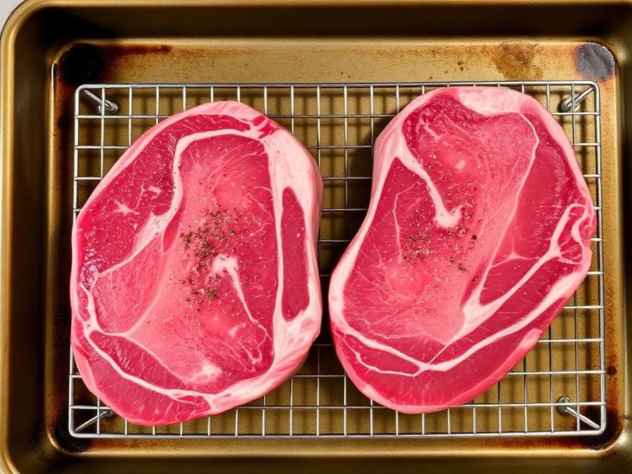 Raw ribeye steaks seasoned with kosher salt on wire rack