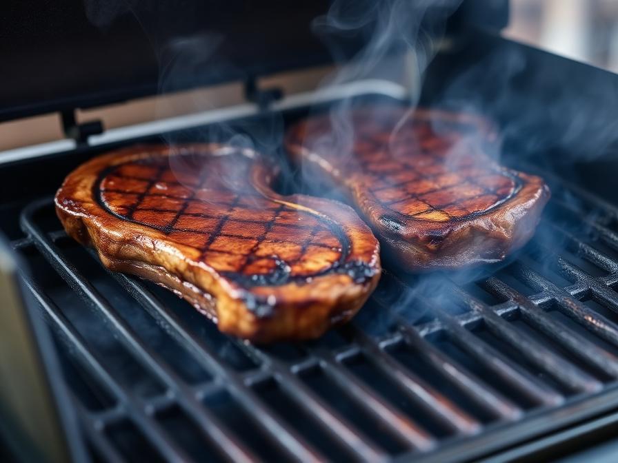 Ribeye steaks smoking on Traeger pellet grill at 225 degrees