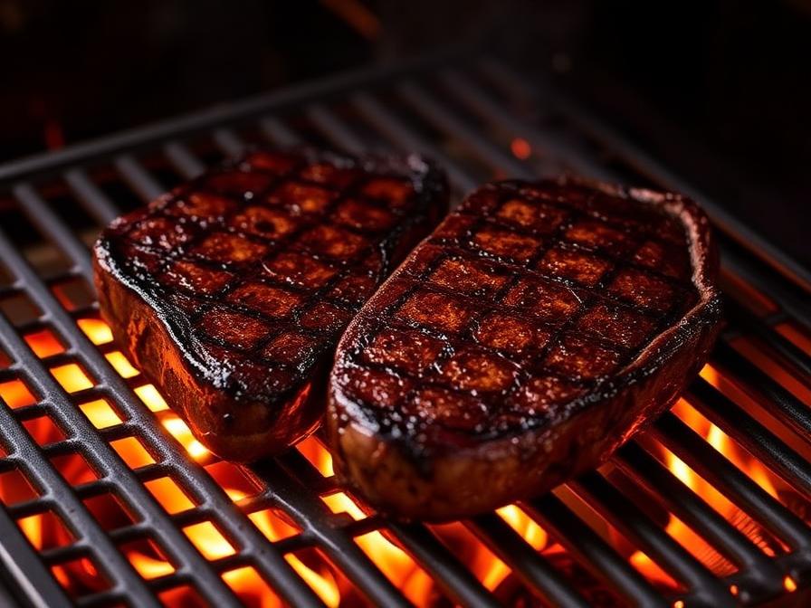 Ribeye steaks searing with crosshatch grill marks on Traeger
