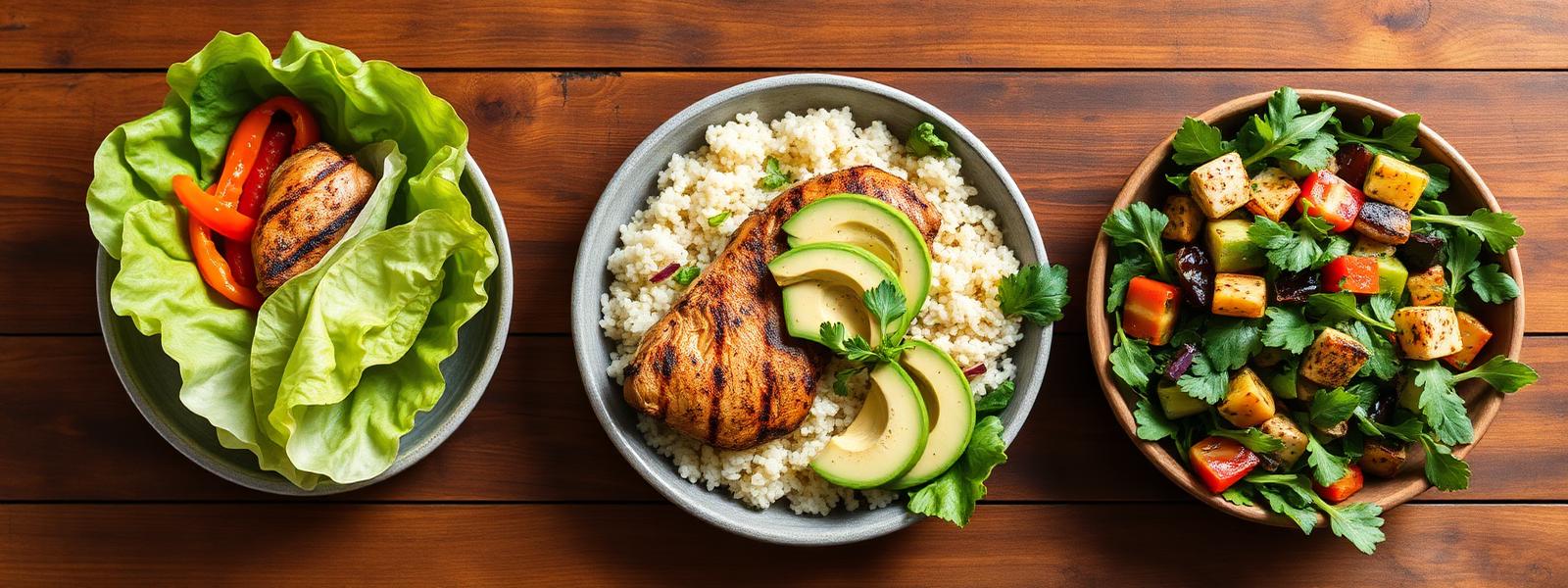Grilled chicken thighs served multiple ways including lettuce wraps and rice bowls