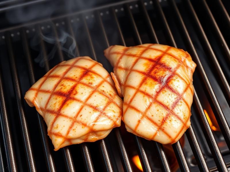 Chicken thighs searing on Weber gas grill grates with visible grill marks