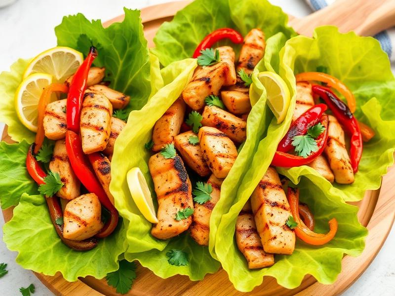 Grilled chicken thighs in lettuce wrap with peppers and onions