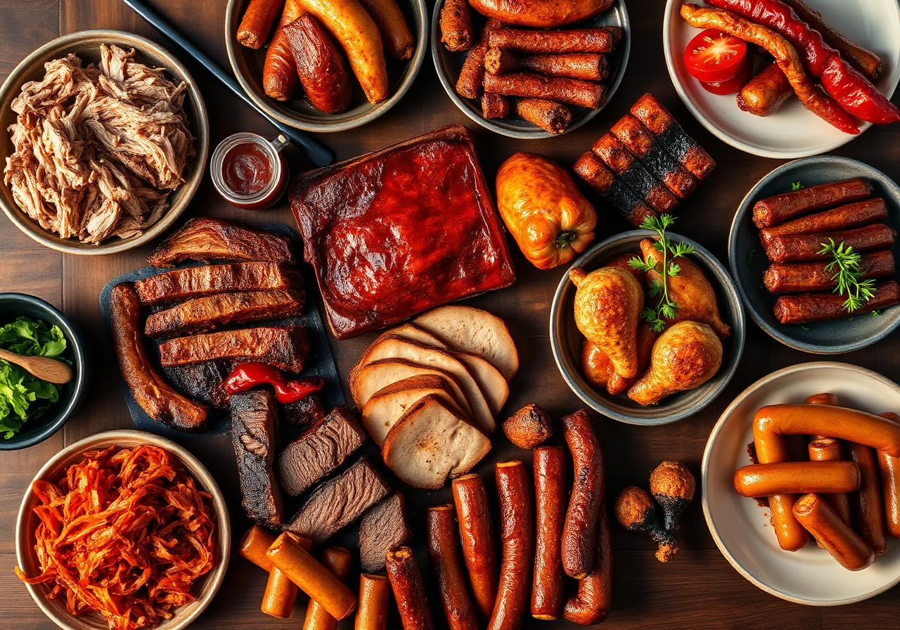 BBQ recipe spread with various smoked and grilled meats on wooden board