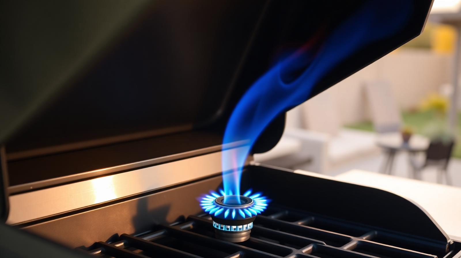Lighting first grill burner showing full blue flame