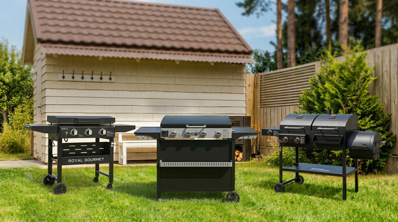 Royal Gourmet brand lineup: charcoal offset smoker, 4-burner gas grill, and stainless steel grill on a backyard patio