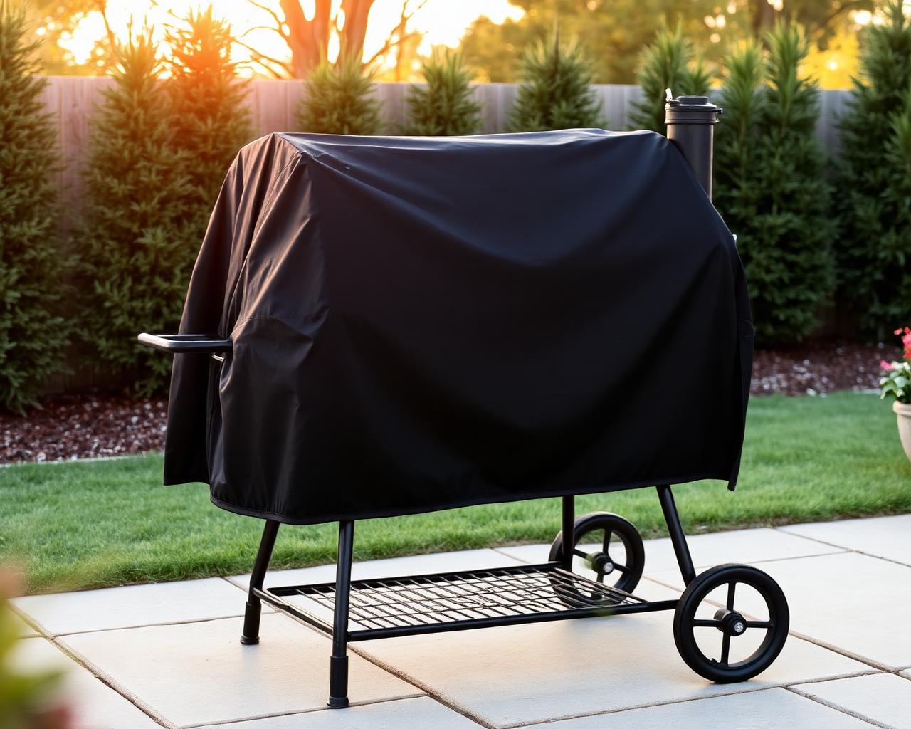Black weatherproof grill cover draped over a Royal Gourmet offset smoker on a backyard patio at sunset