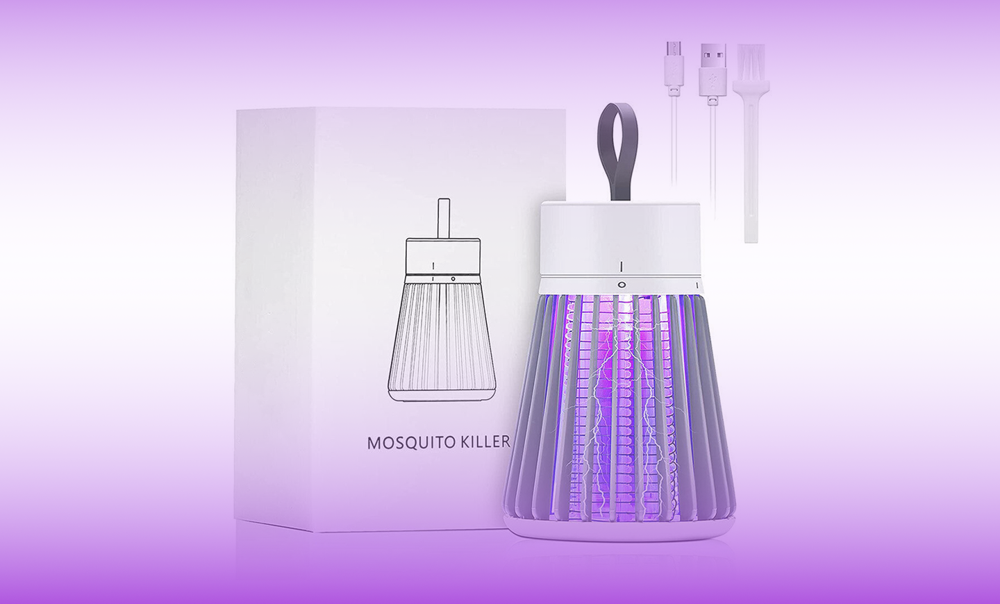 SimplyZap Mosquito Lamp shown with its retail box, USB charging cable, and cleaning brush