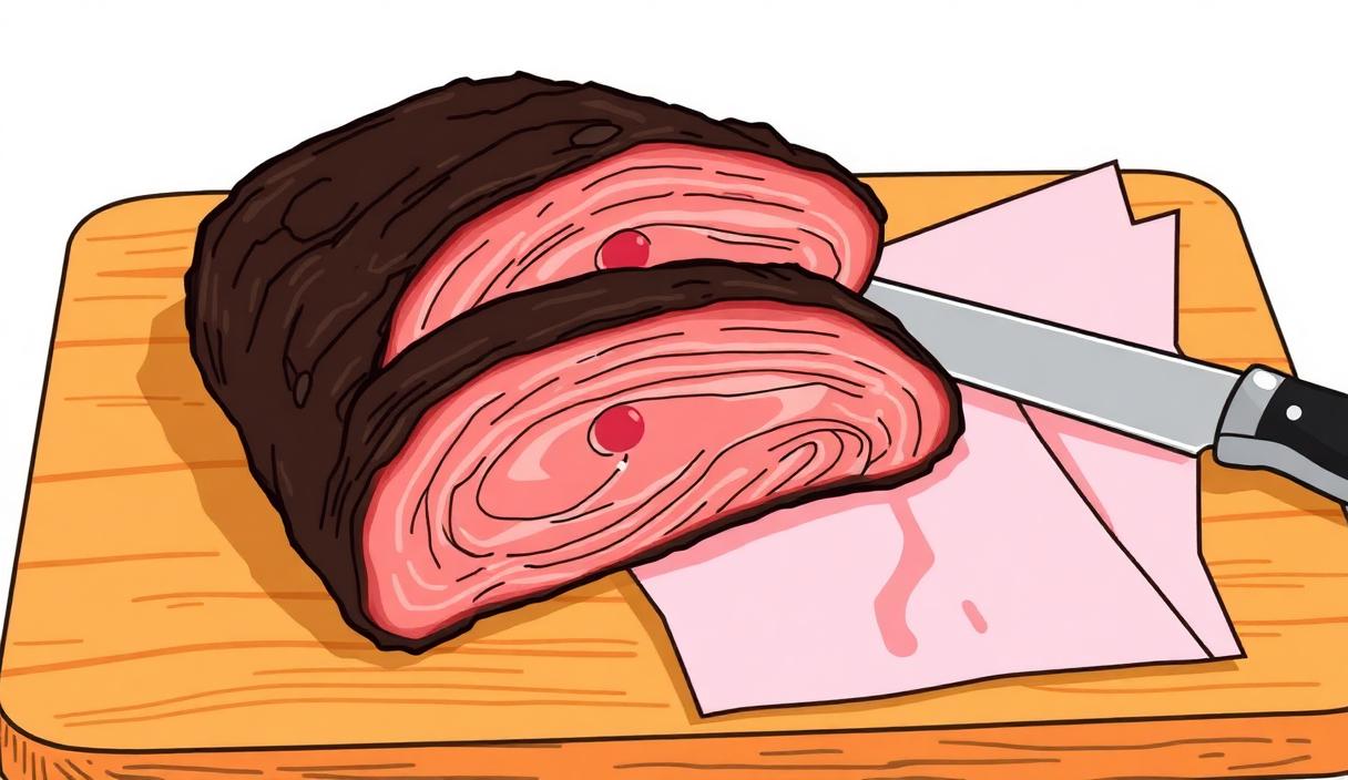 Sliced smoked brisket with dark mahogany bark and pink smoke ring on a wooden cutting board