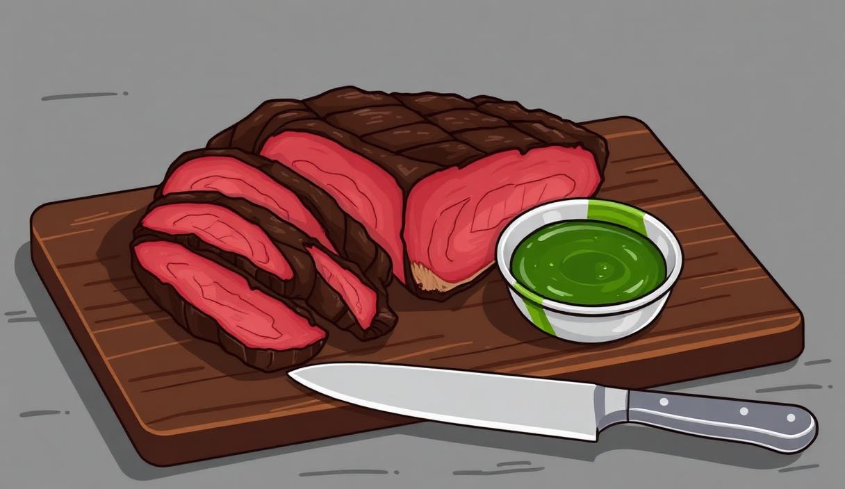 Sliced smoked tri-tip with pink medium-rare interior on a wooden cutting board