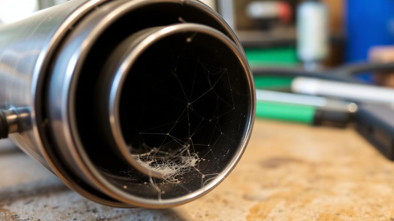Stainless burner tube with venturi opening visible at one end, showing spider web debris
