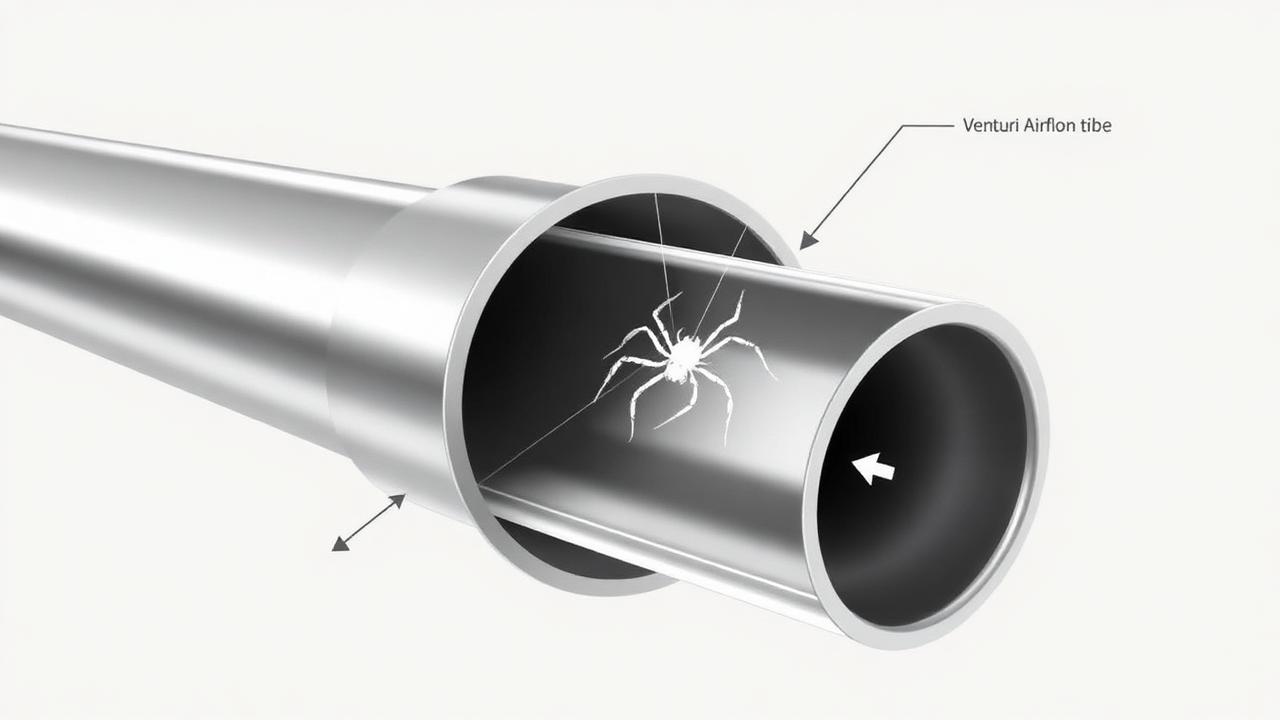 Cross-section diagram showing spider web blocking a grill venturi tube