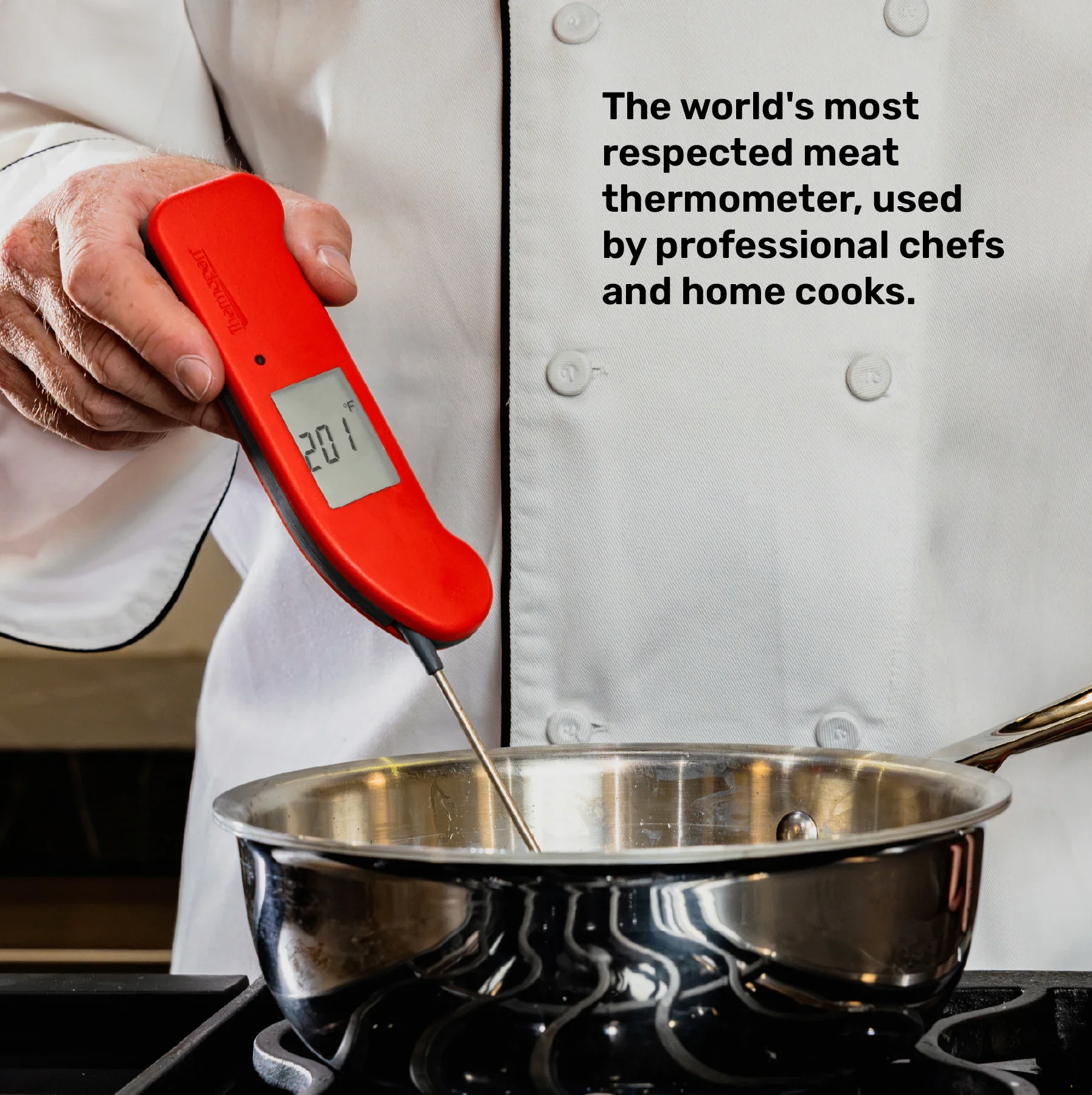 ThermoWorks Thermapen ONE being used in a kitchen pot by a chef
