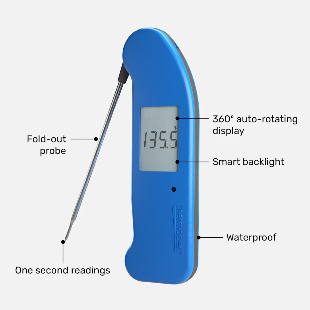 Thermapen ONE product image highlighting fold-out probe, auto-rotating display, smart backlight, and waterproof design