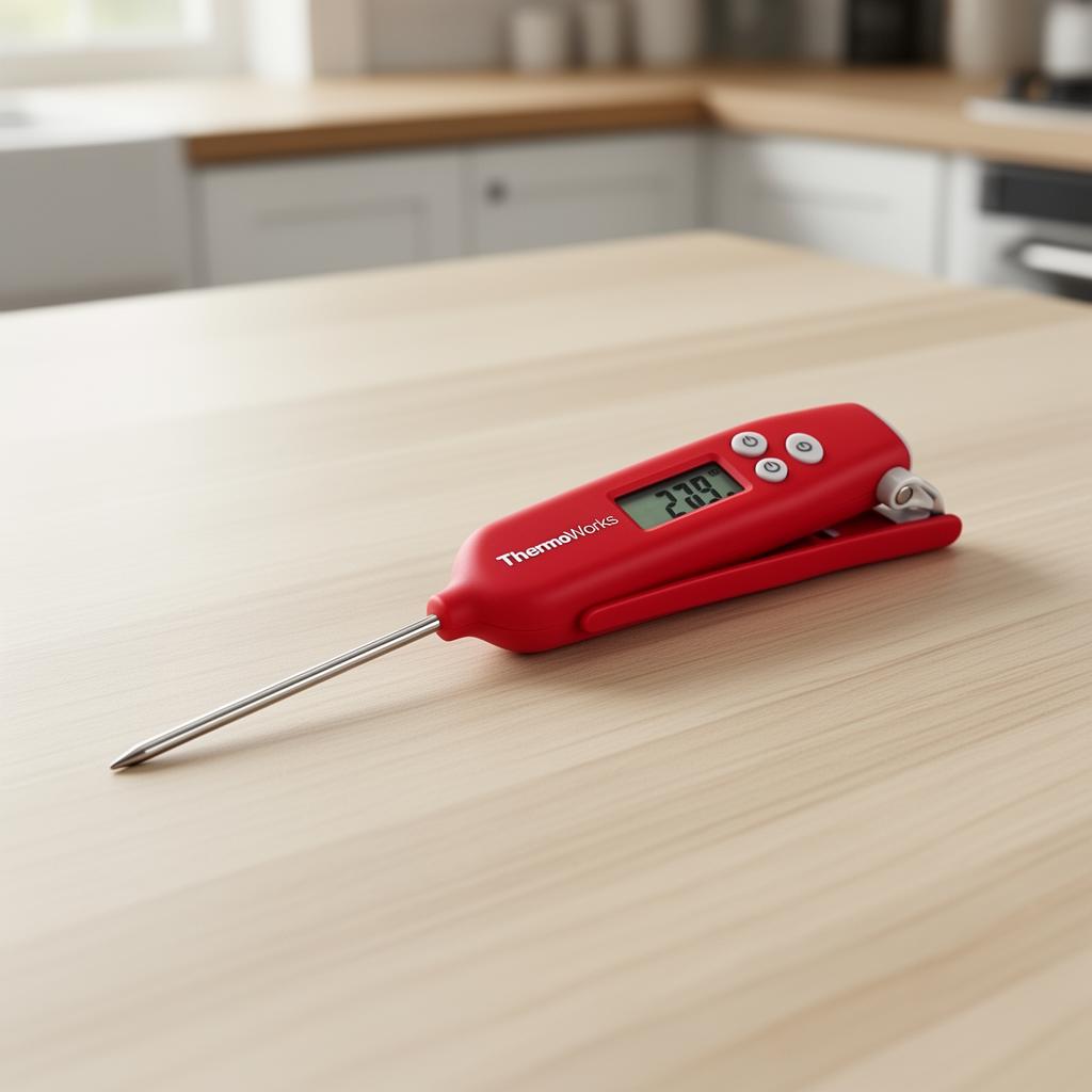 ThermoWorks Thermapen ONE instant-read digital meat thermometer in red on a kitchen counter