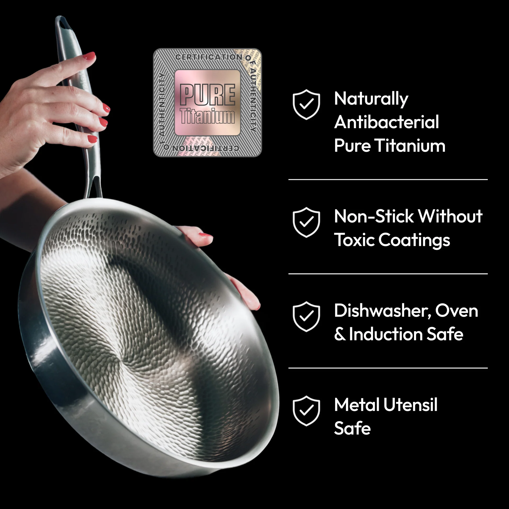 Titanium Pro Pan™ feature panel: pure titanium, non-stick without toxic coatings, dishwasher/oven/induction safe, metal utensil safe
