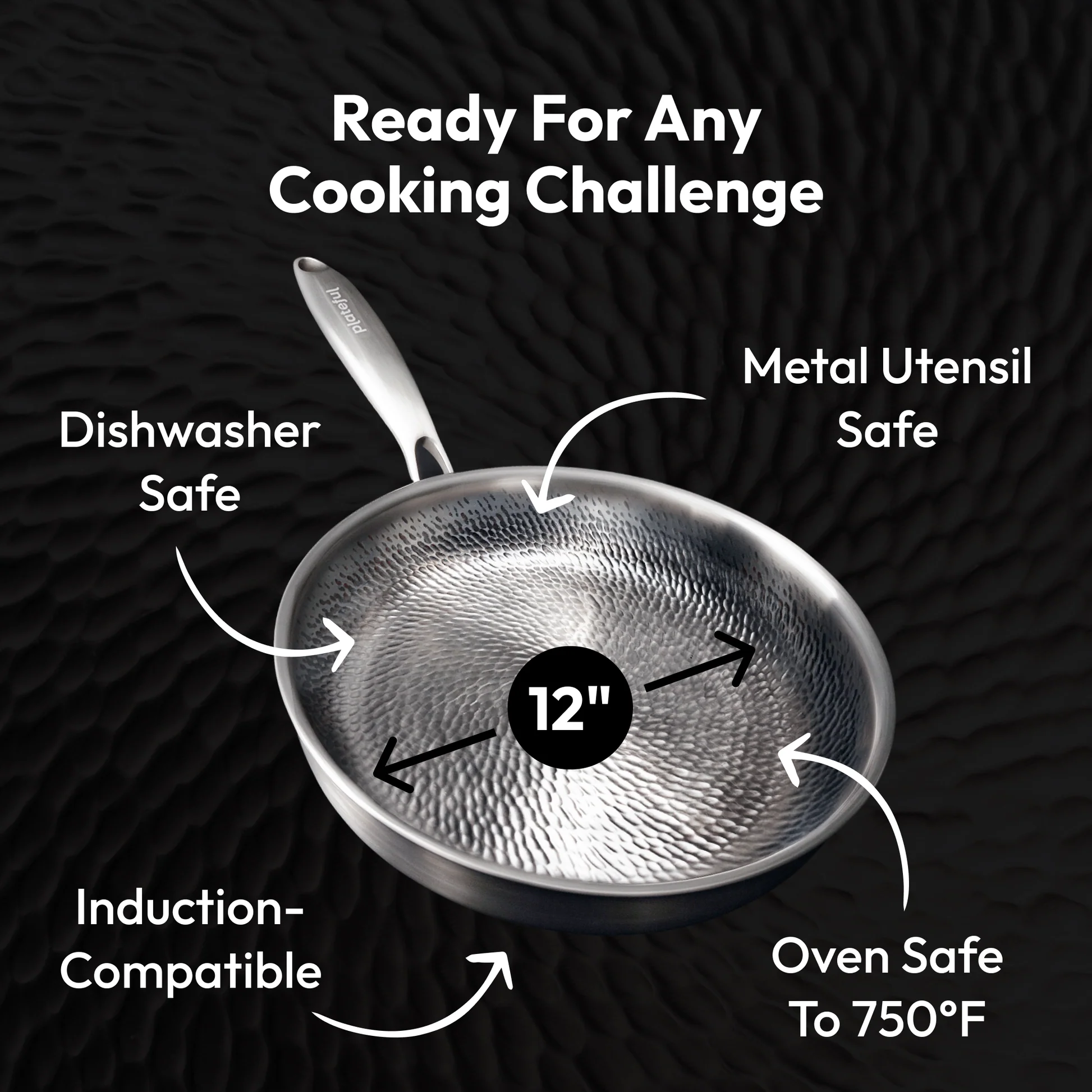 Titanium Pro Pan™ specs callout: 12-inch, dishwasher safe, oven safe to 750°F, induction-compatible, metal utensil safe