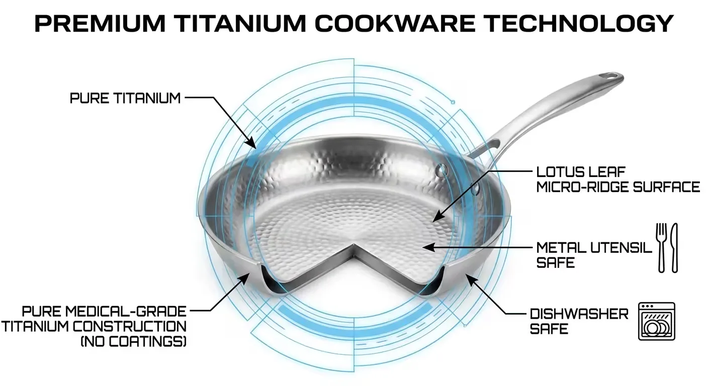 Titanium Pro Pan™ diagram showing pure titanium construction, lotus-leaf micro-ridge surface, metal utensil safe and dishwasher safe features