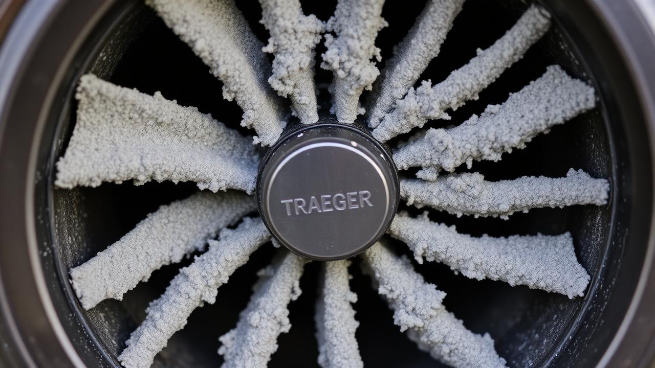 Traeger combustion fan with ash buildup on blades