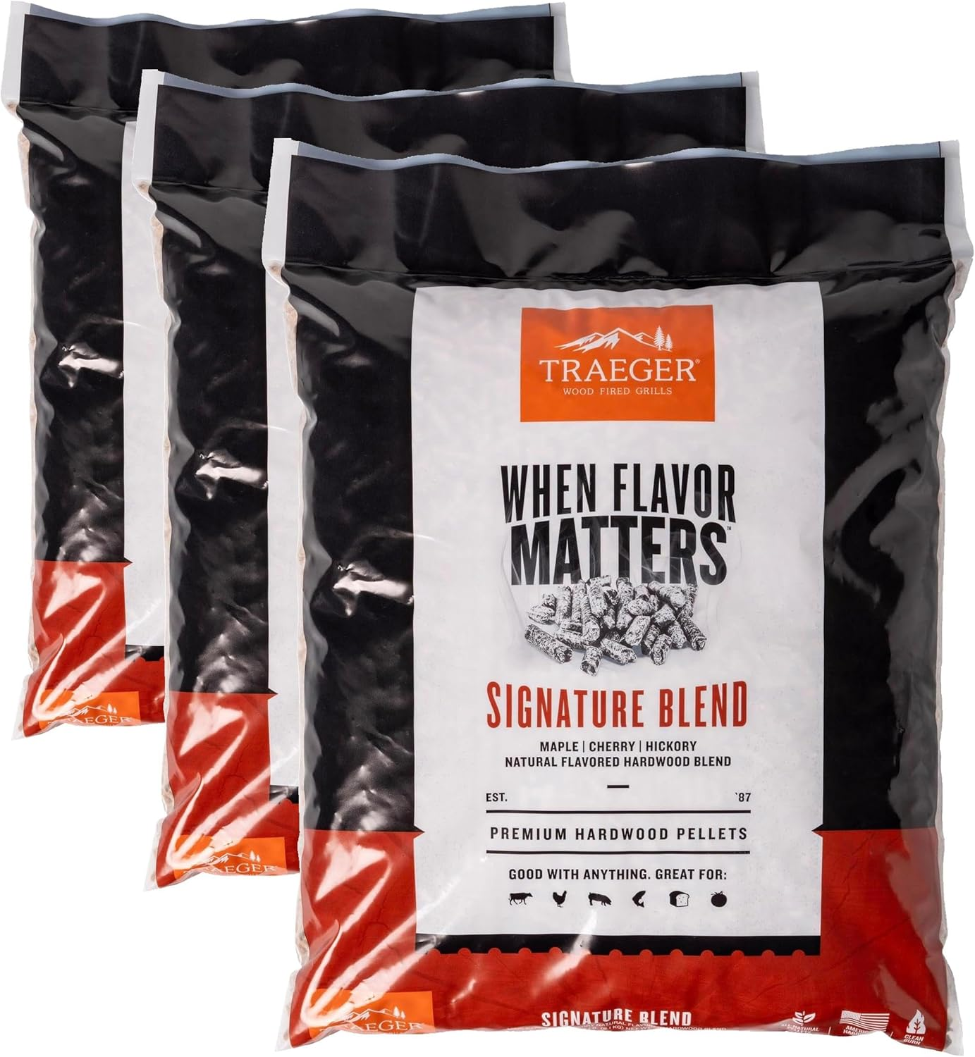 Traeger Signature Blend premium hardwood pellets three-pack with maple, cherry, and hickory