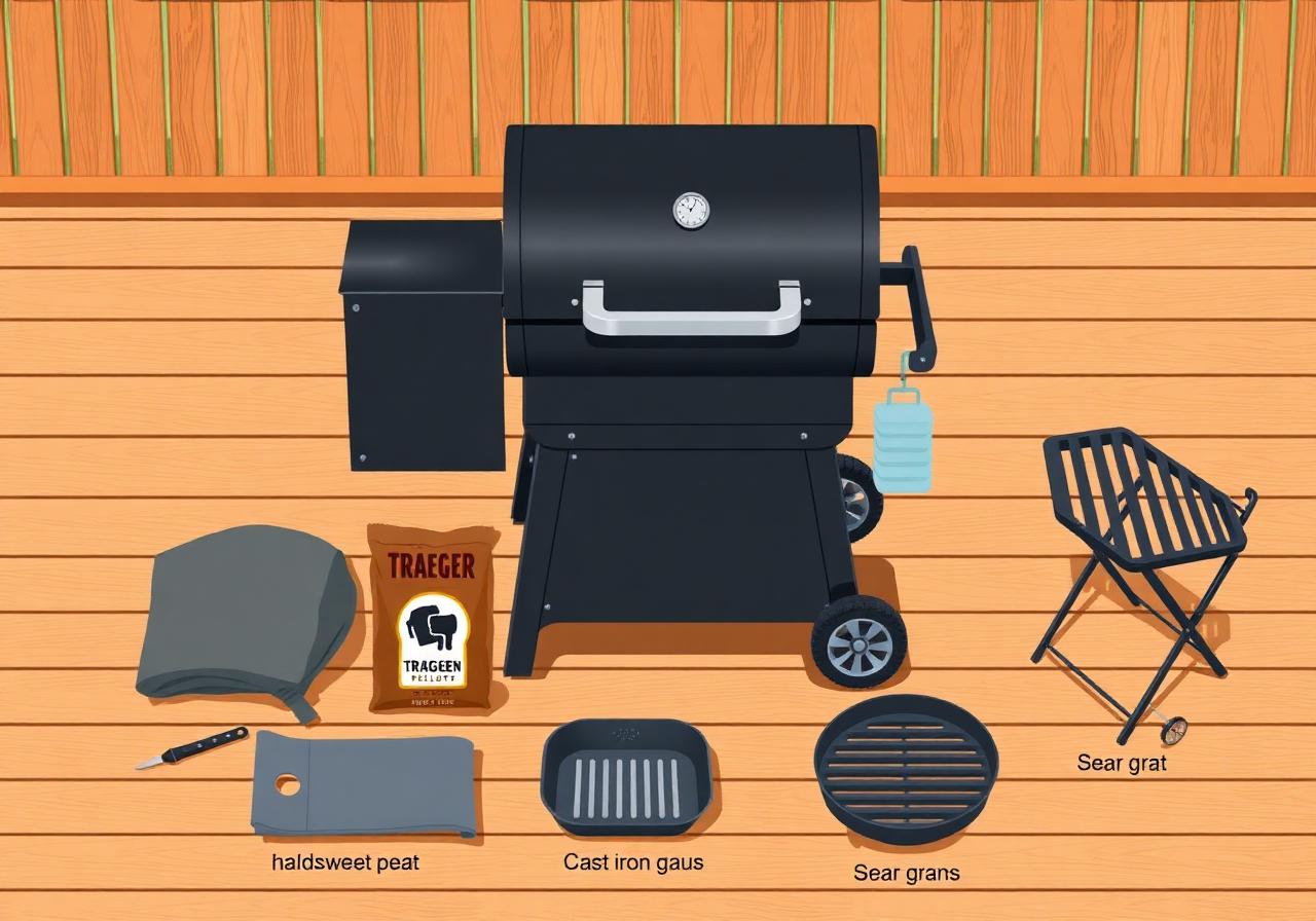 Traeger Westwood pellet grill with cover, pellets, probes, and ModiFIRE accessories laid out