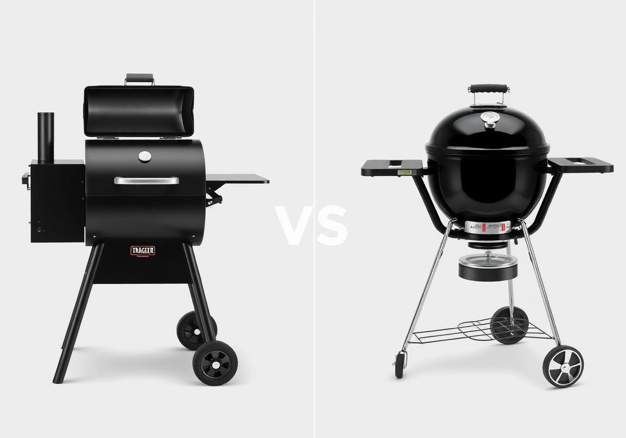 Traeger Westwood pellet grill next to Weber Performer Smart charcoal kettle grill on a clean background