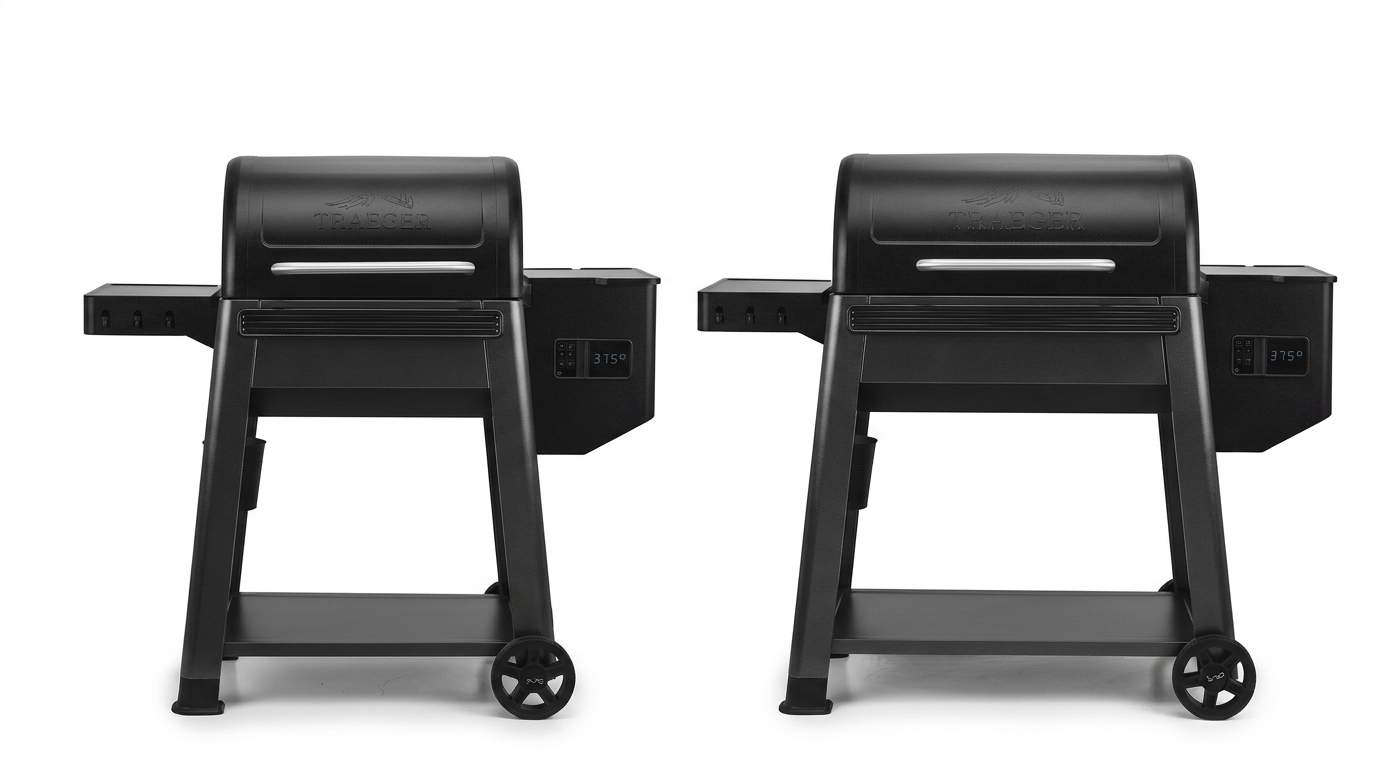Traeger Westwood and Westwood XL pellet grills side by side on a wood deck showing the size difference