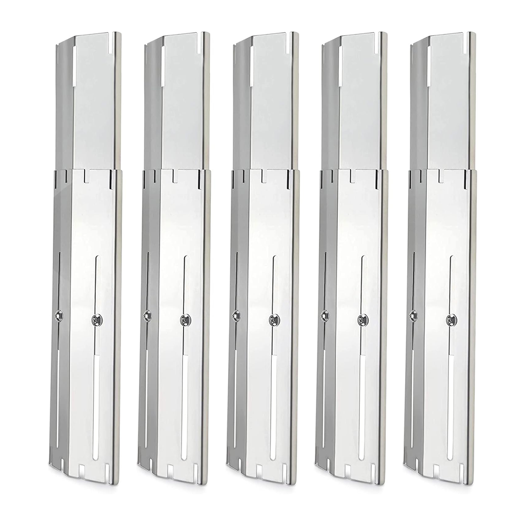 Set of five adjustable stainless steel universal heat plates for gas grills