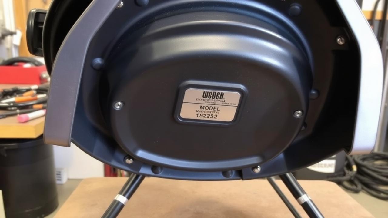 Weber Q portable grill flipped over showing model sticker on the bottom of the lower casting