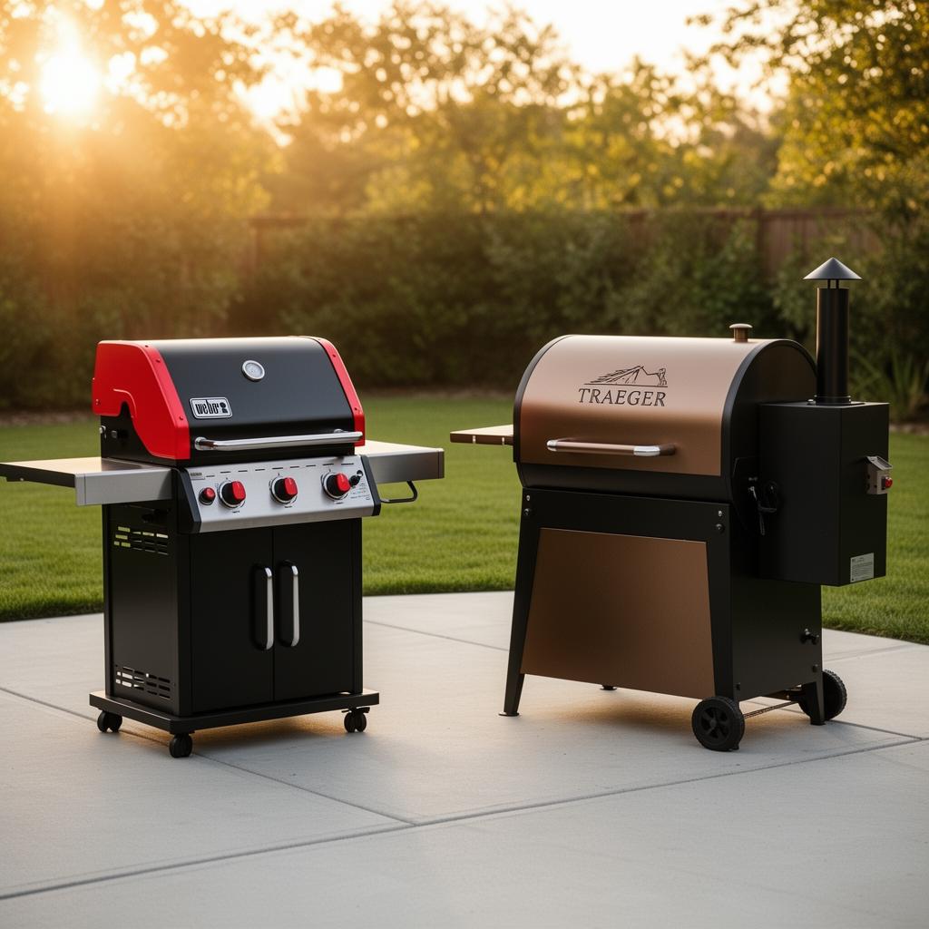 Weber gas grill and Traeger pellet grill comparison on backyard patio