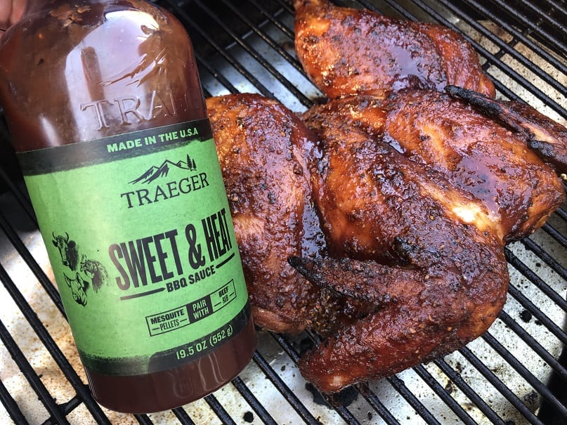 Spachcock chicken with Traeger Sweet Heat Barbecue Sauce