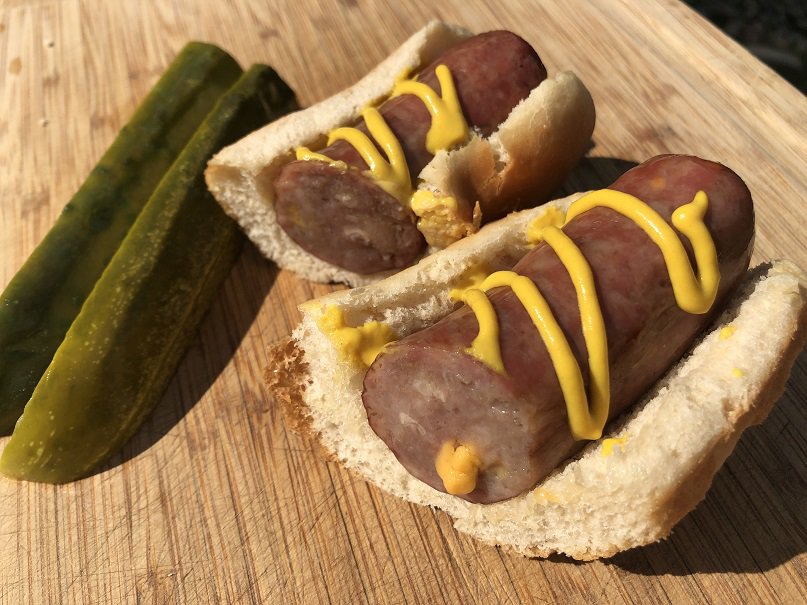 Traeger Smoked Brat with Mustard and Pickle